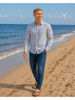 Robert Graham Tailored Fit Abstract Blue Pattern Button-Up Shirt Mens Large Whit
